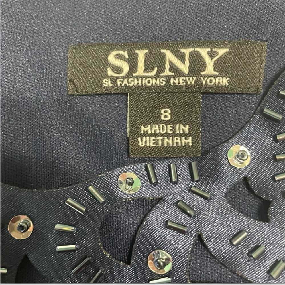 SLNY Navy Layered Midi Dress with Beaded Neckline - Picture 5 of 10